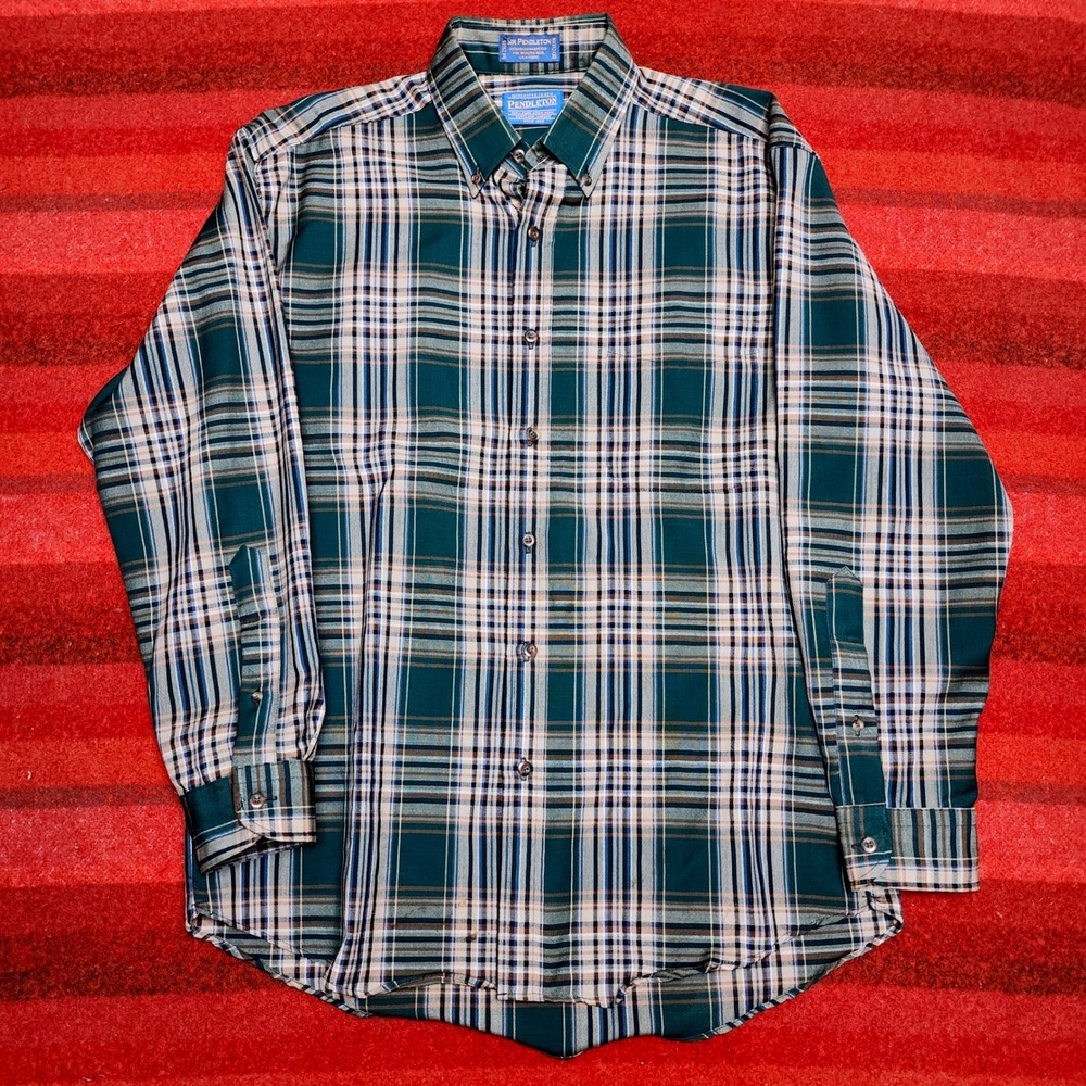 Sir Pendleton 100% Virgin Wool Button Down Shirt Mens Medium Green Plaid